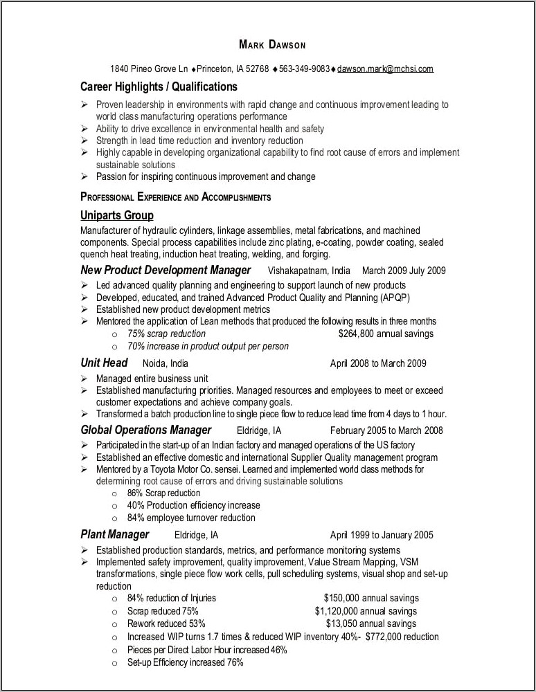 Sample Resume For Operations Manager In India