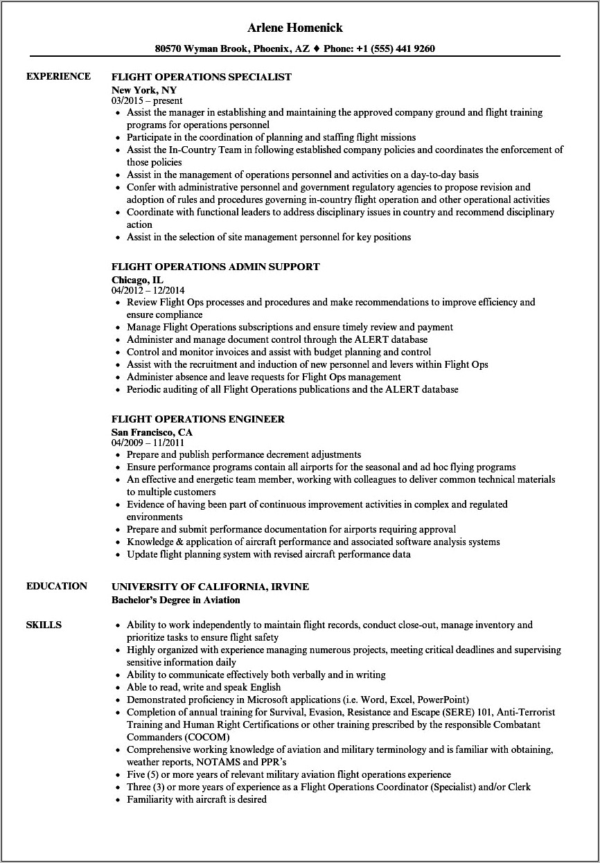 Sample Resume For Ops Position For Airline