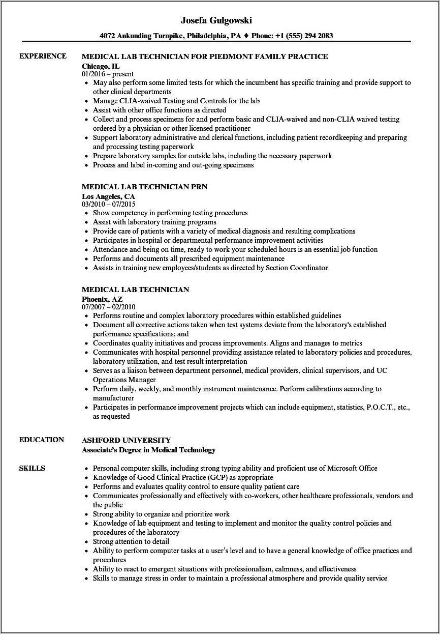 Sample Resume For Packaging Lab Technician