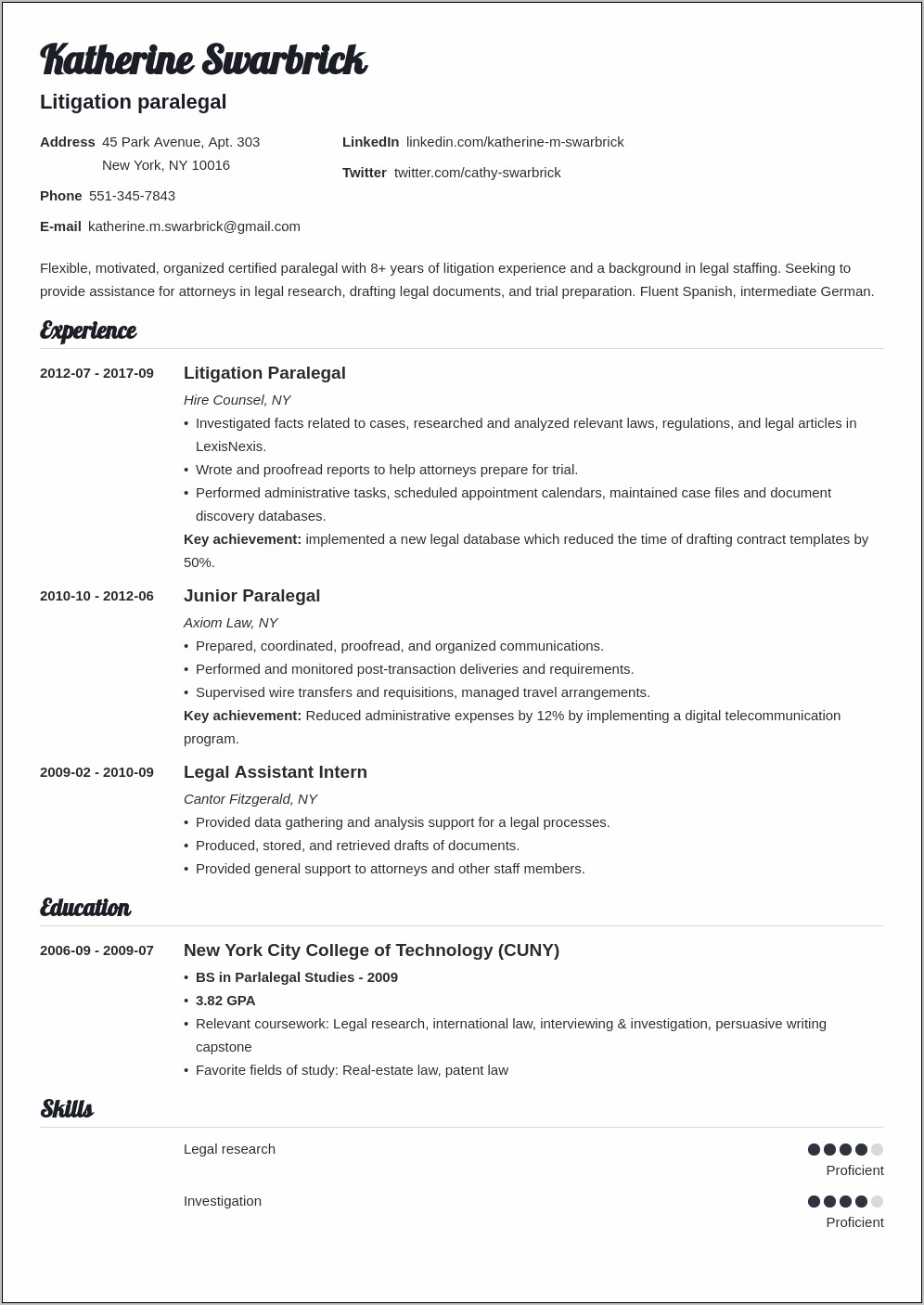 Sample Resume For Paralegal With No Experience