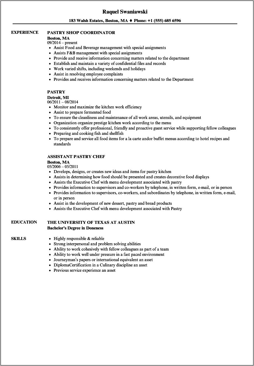 Sample Resume For Pastry Chef With No Experience
