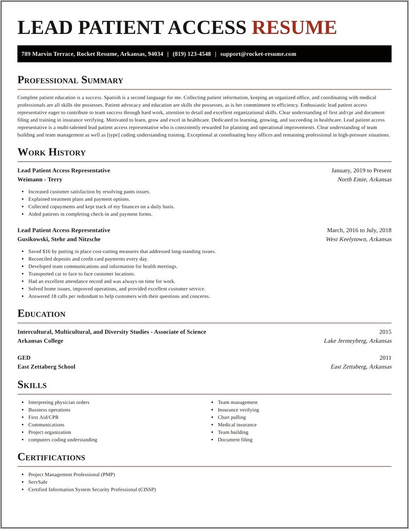 Sample Resume For Patient Access Representative