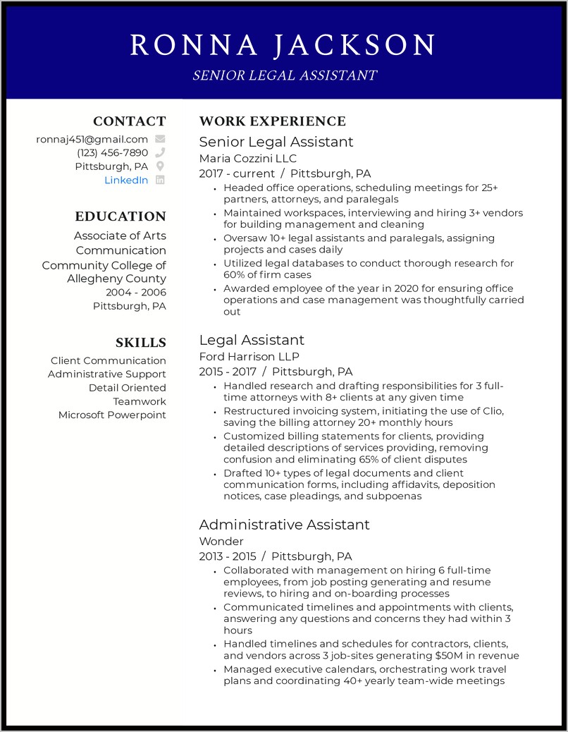 Sample Resume For Personal Injury Legal Assistant