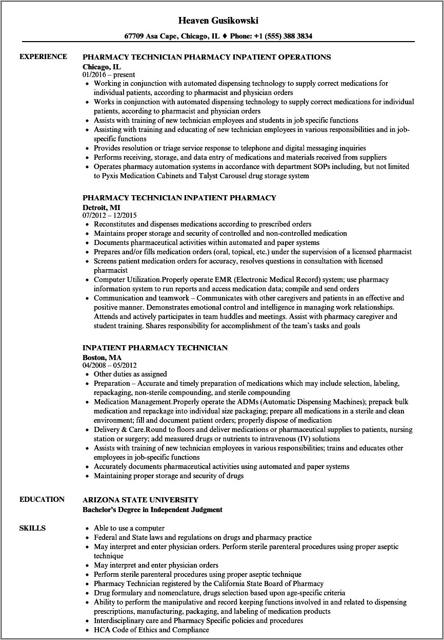 Sample Resume For Pharmacy Technician Entry Level