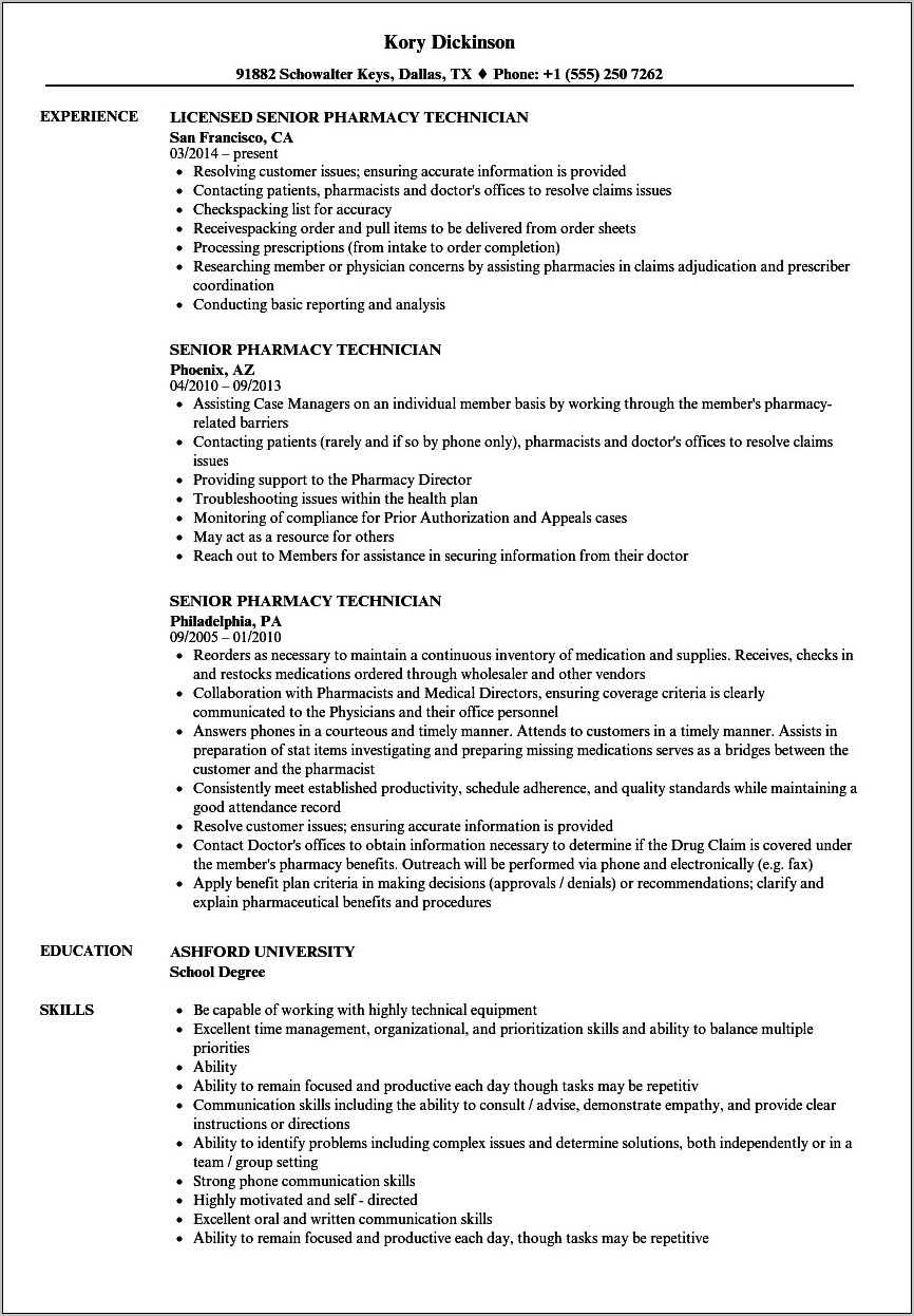 Sample Resume For Pharmacy Technician Trainee