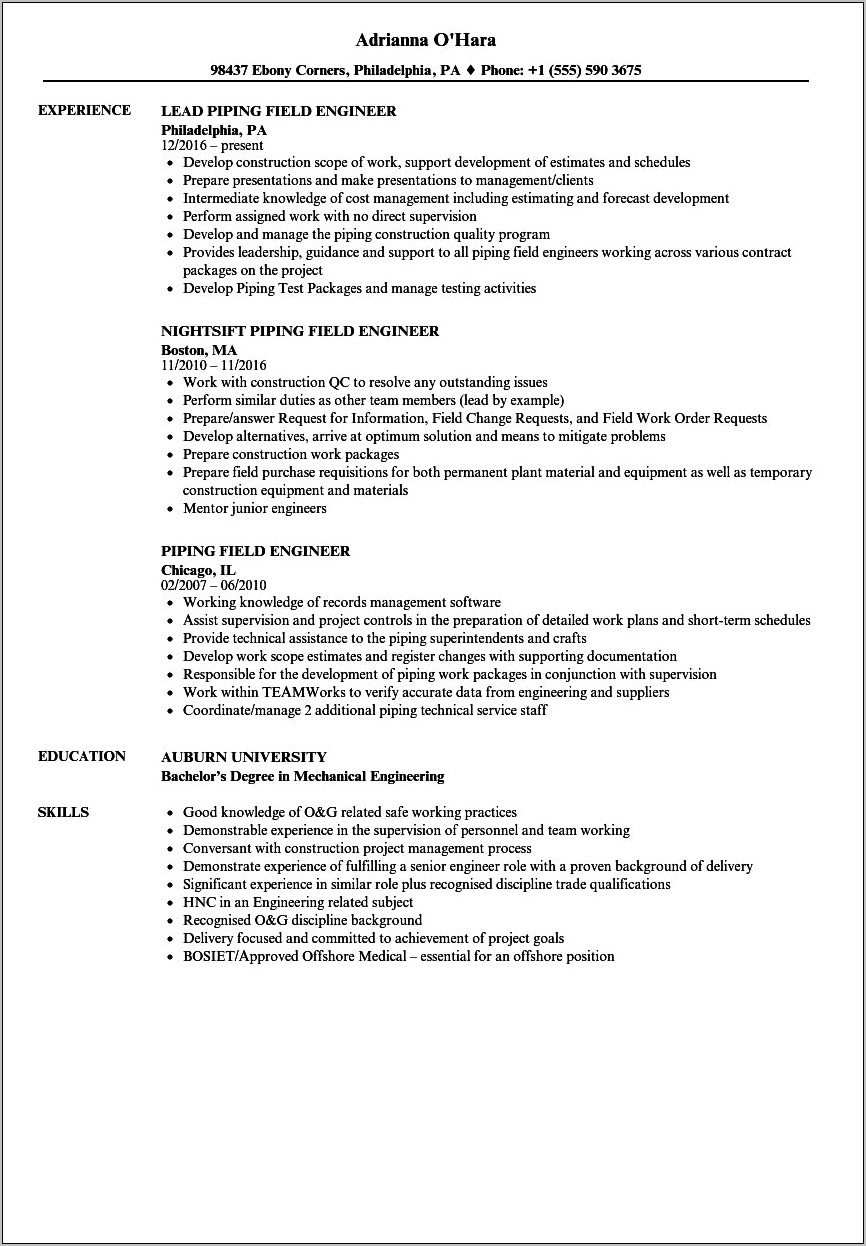 Sample Resume For Piping Design Engineer