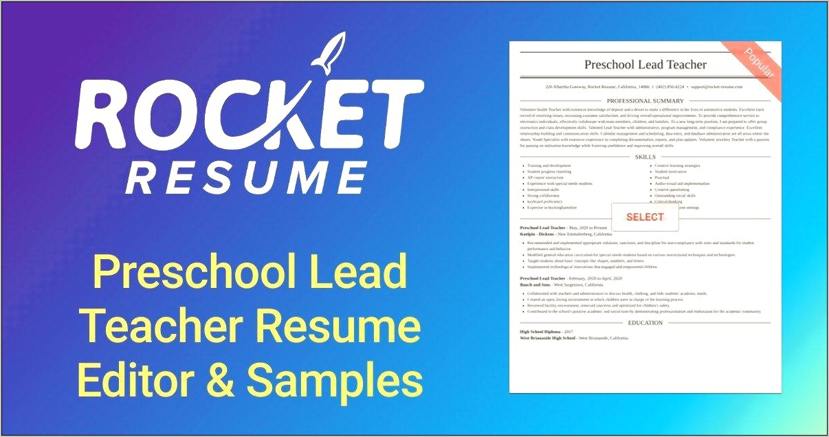 Sample Resume For Preschool Lead Teacher