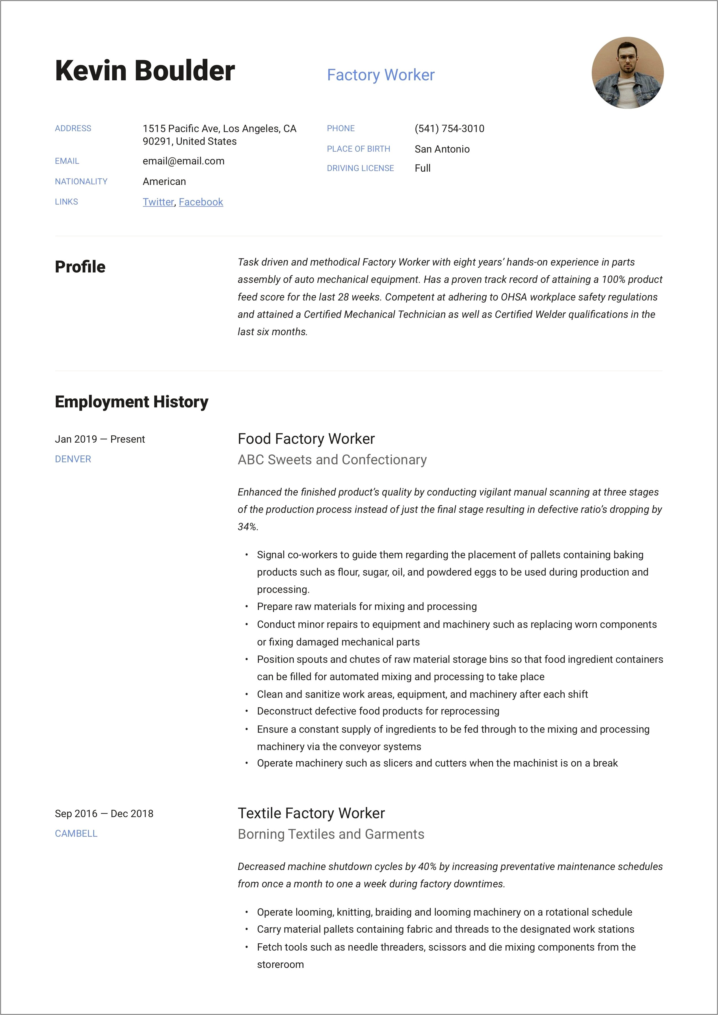 Sample Resume For Production Line Worker