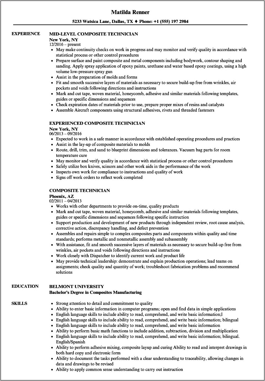 Sample Resume For Professional Composite Technician