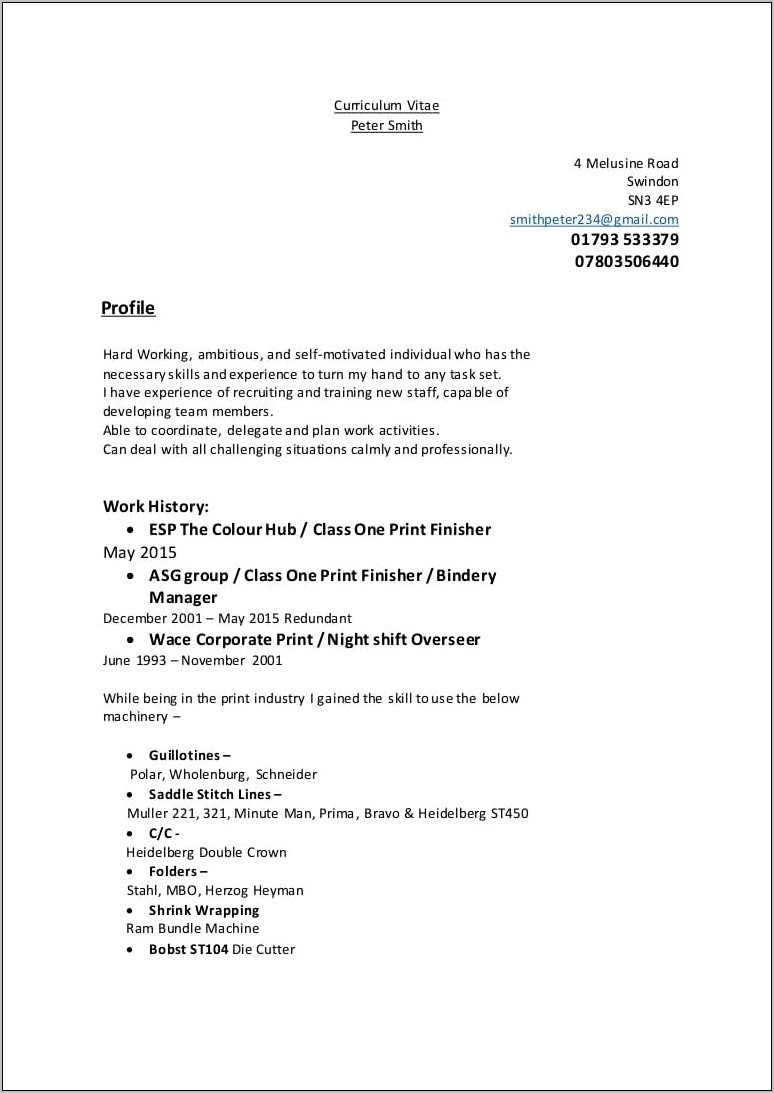 Sample Resume For Professional Cutter Bindery