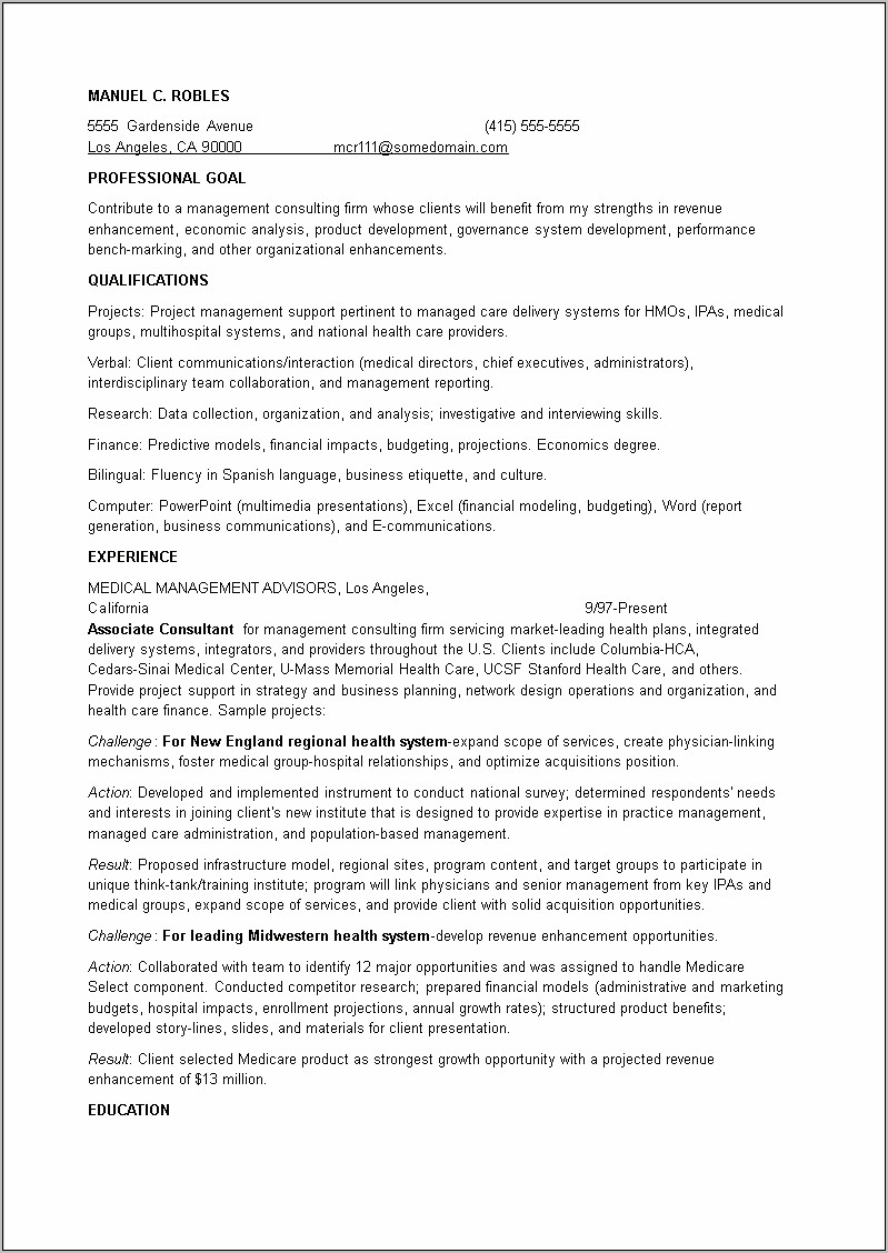 Sample Resume For Project Management Consultant