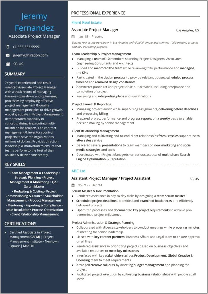 Sample Resume For Project Manager Assistant