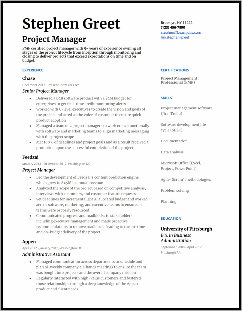 Sample Resume For Project Manager In Higher Education