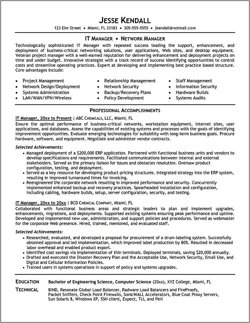 Sample Resume For Project Manager It