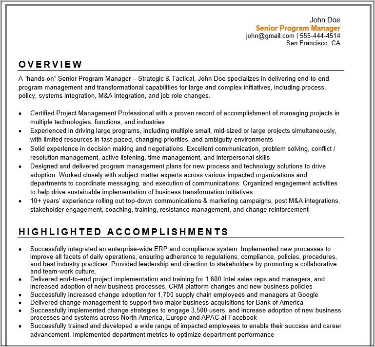 Sample Resume For Project Manager Job