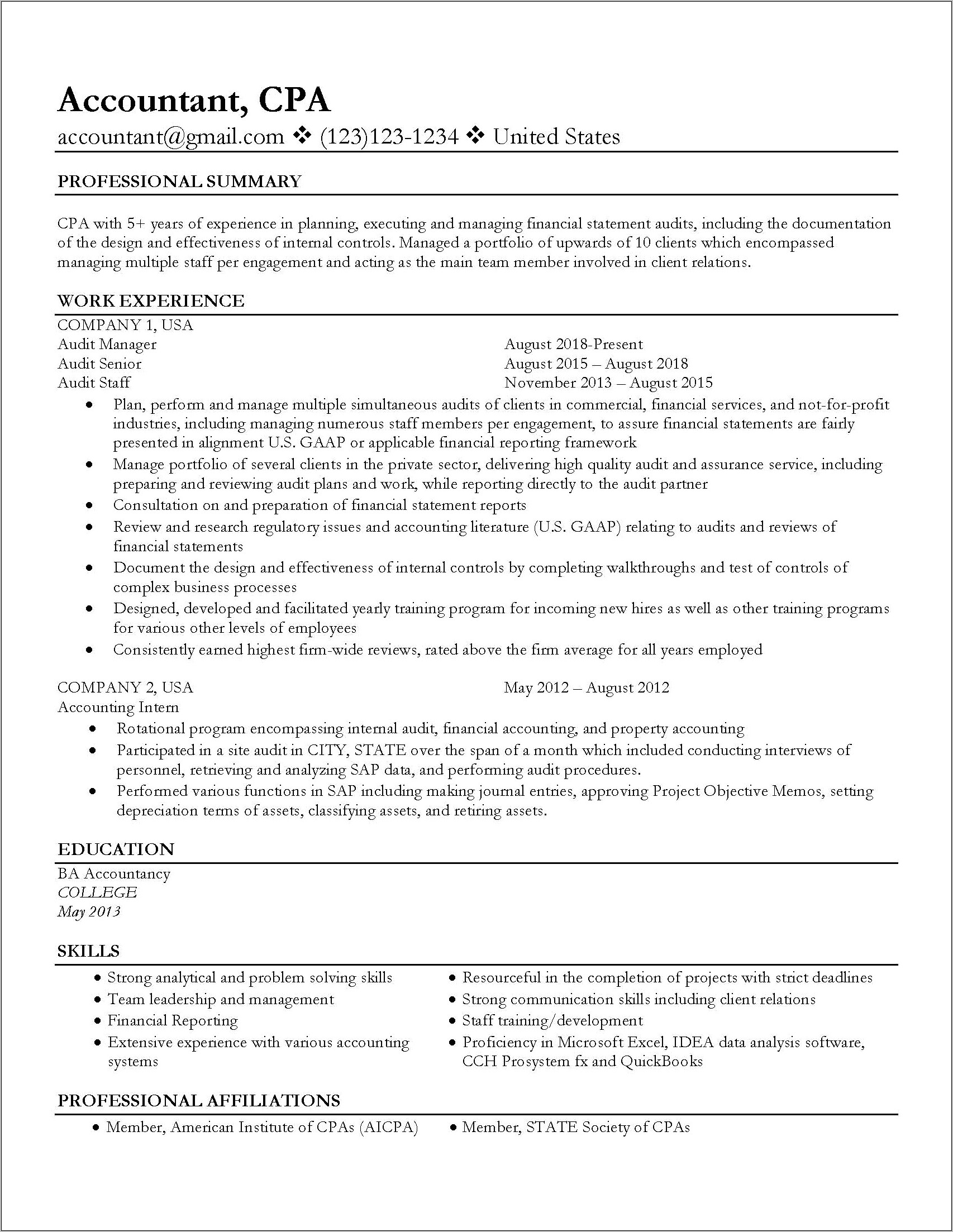 Sample Resume For Public Accounting Manager