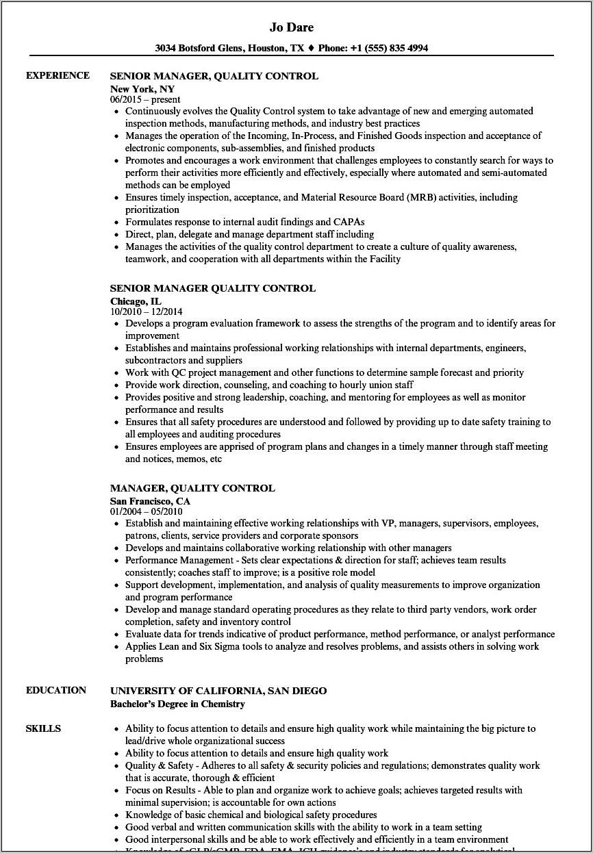 Sample Resume For Qa Manager In Pharma Company