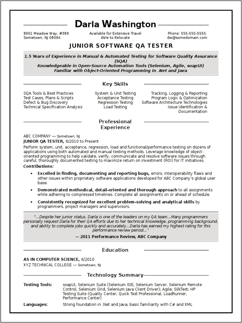 Sample Resume For Qa Tester Entry Level