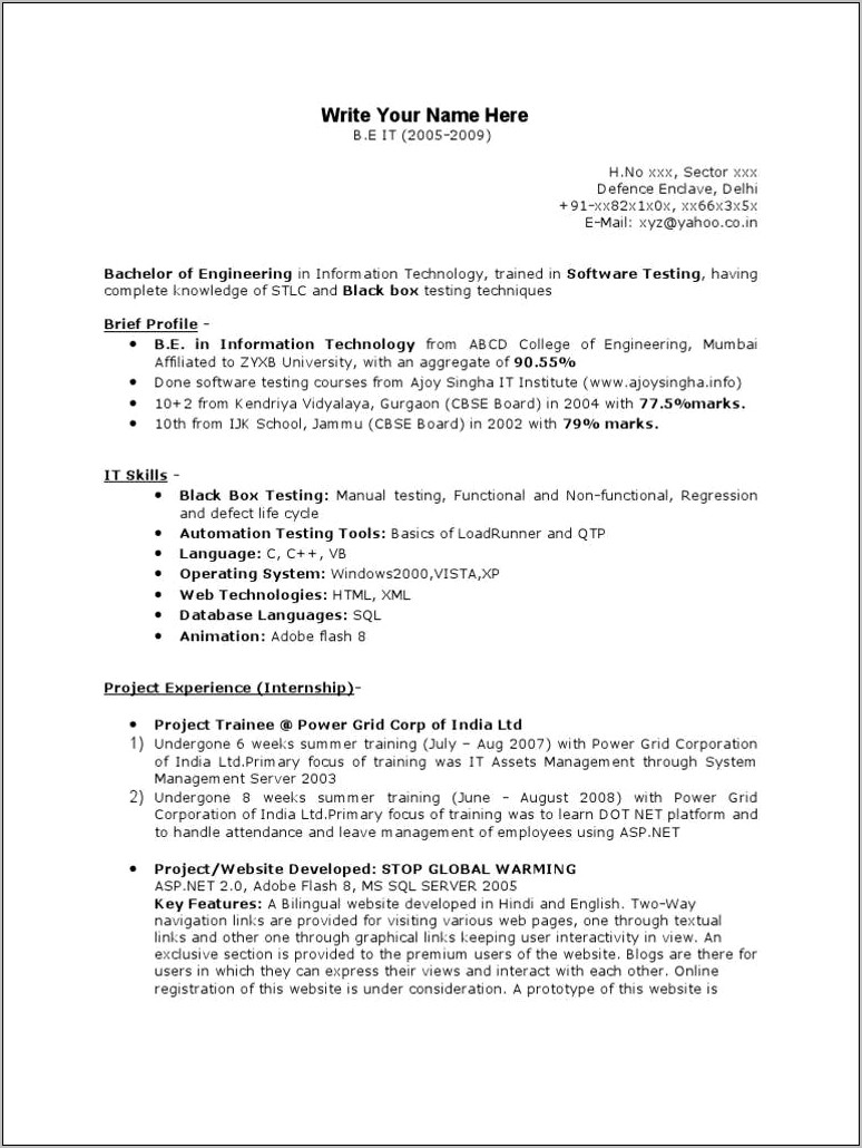 Sample Resume For Qtp Automation Testing For Freshers