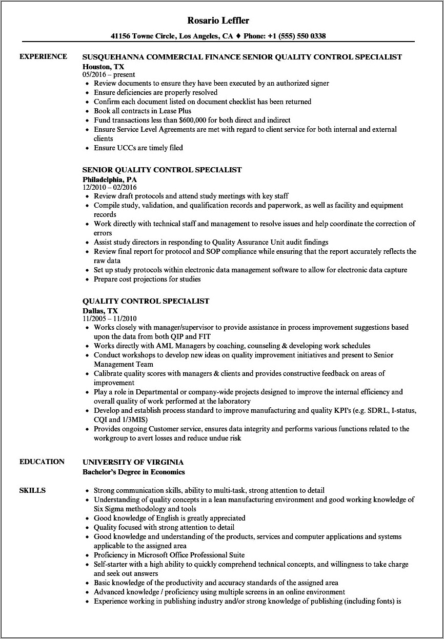 Sample Resume For Quality Control For Tortilla Manufacturing