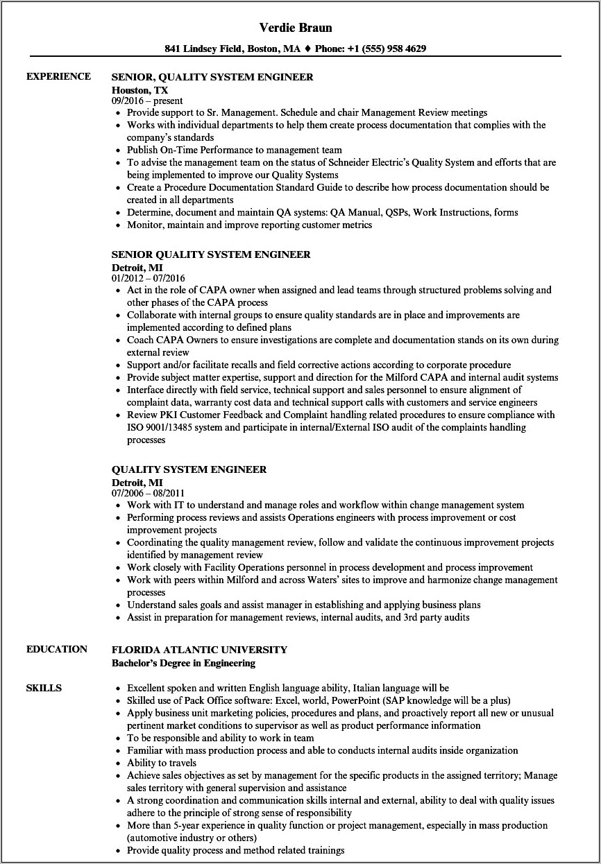Sample Resume For Quality Engineer In Automobile