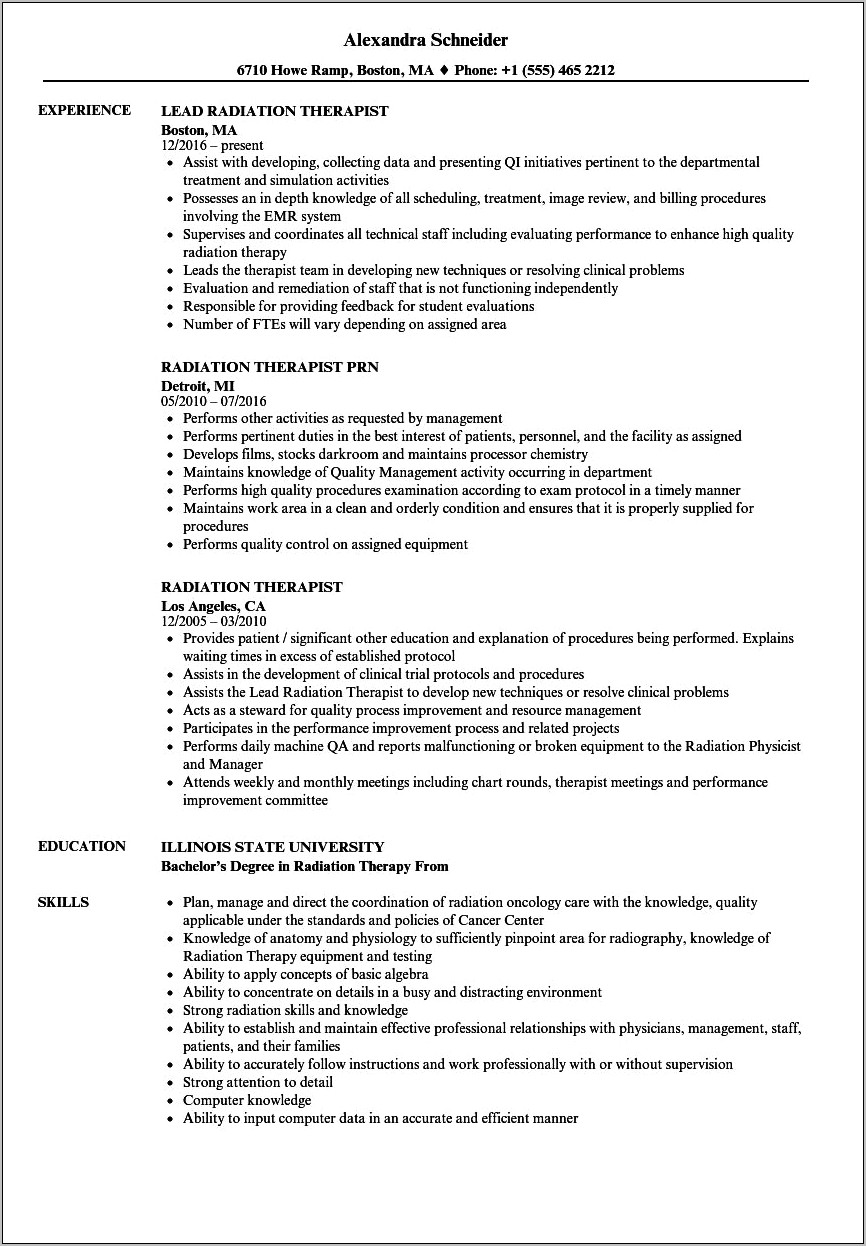 Sample Resume For Radiation Therapist Student