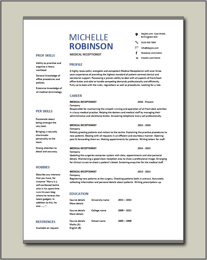 Sample Resume For Receptionist Medical Office