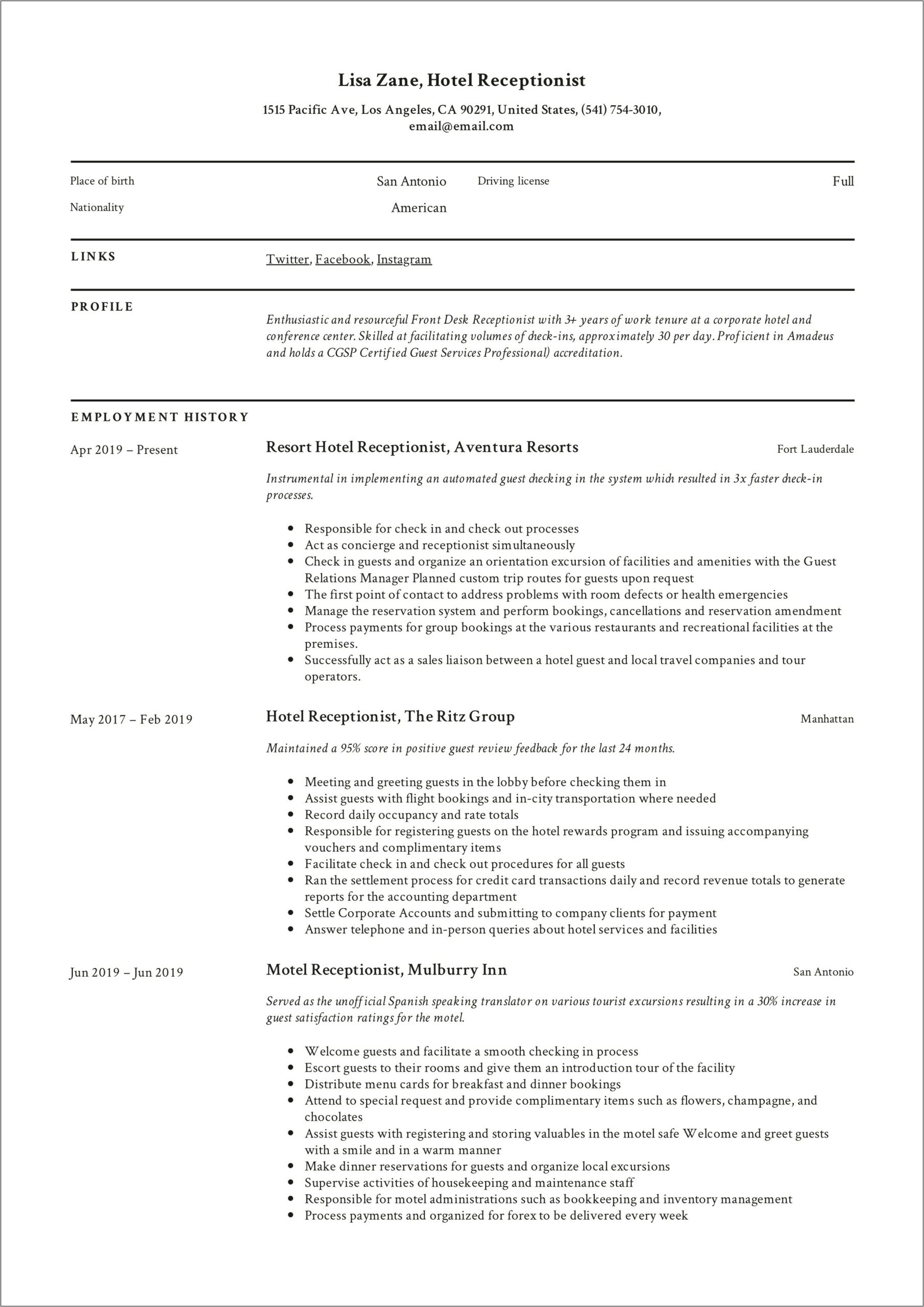 Sample Resume For Receptionist With Experience