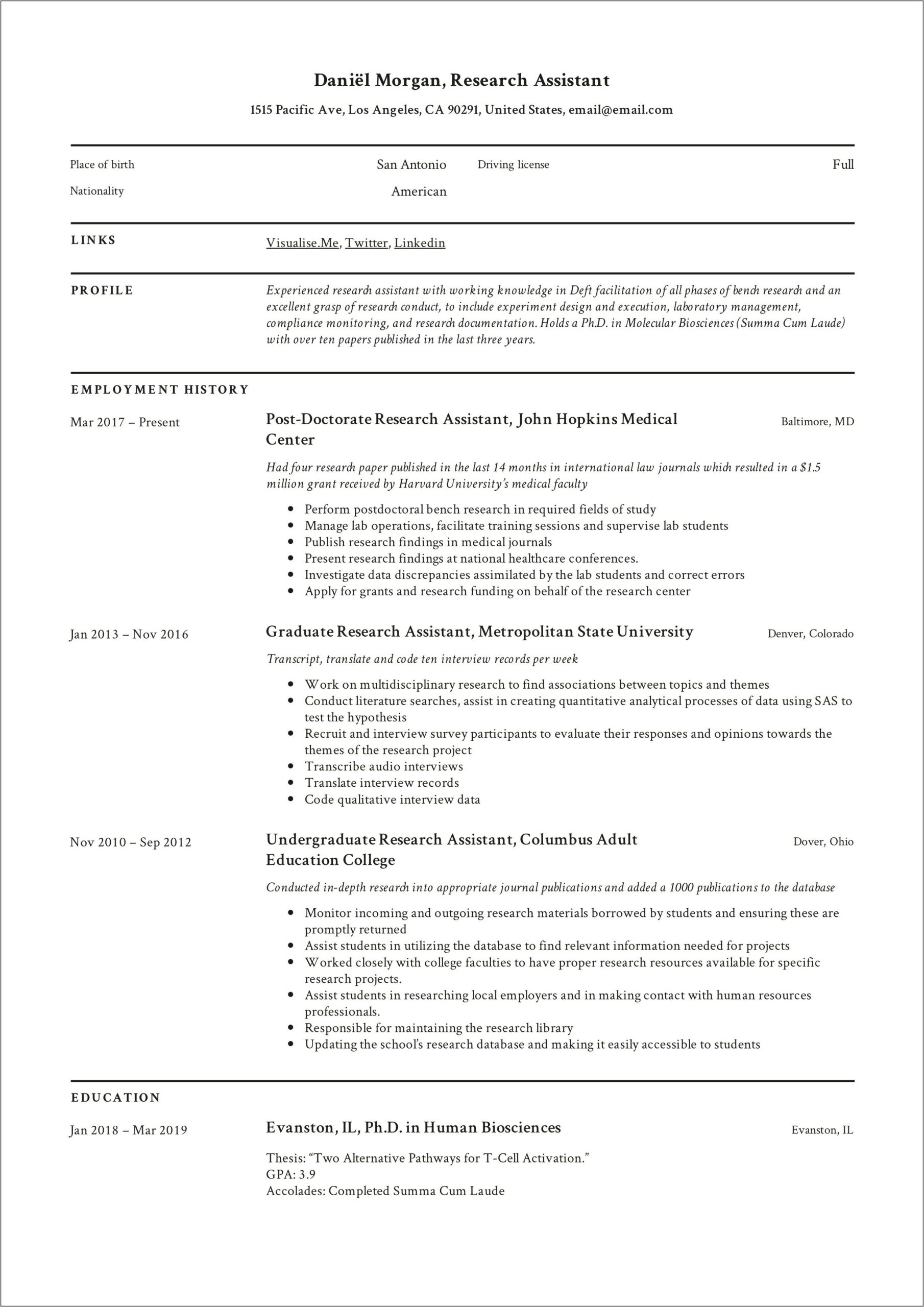 Sample Resume For Research Assistant Biology