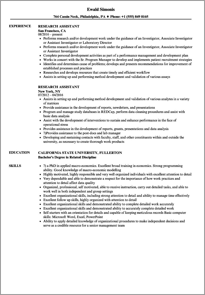 Sample Resume For Research Assistant College