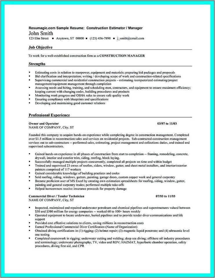 Sample Resume For Residential Construction Superintendent