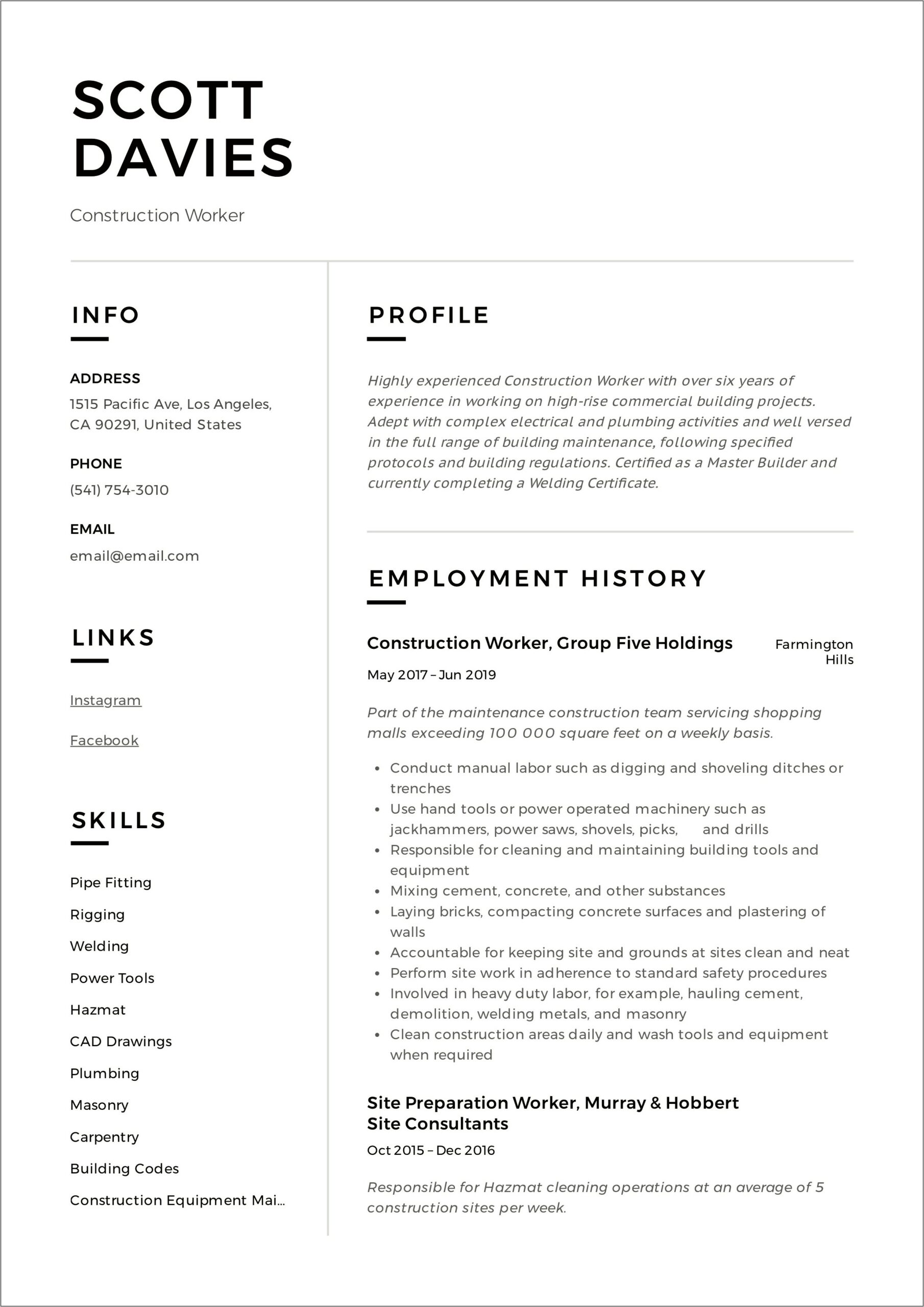 Sample Resume For Residential Construction Worker