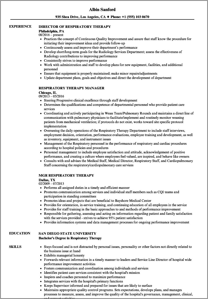 Sample Resume For Respiratory Therapist Student