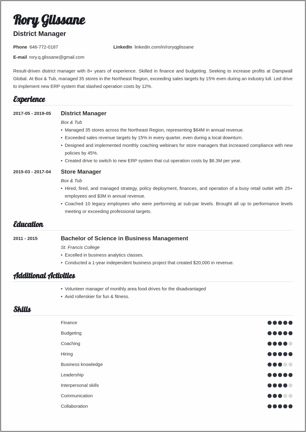 Sample Resume For Restaurant District Manager