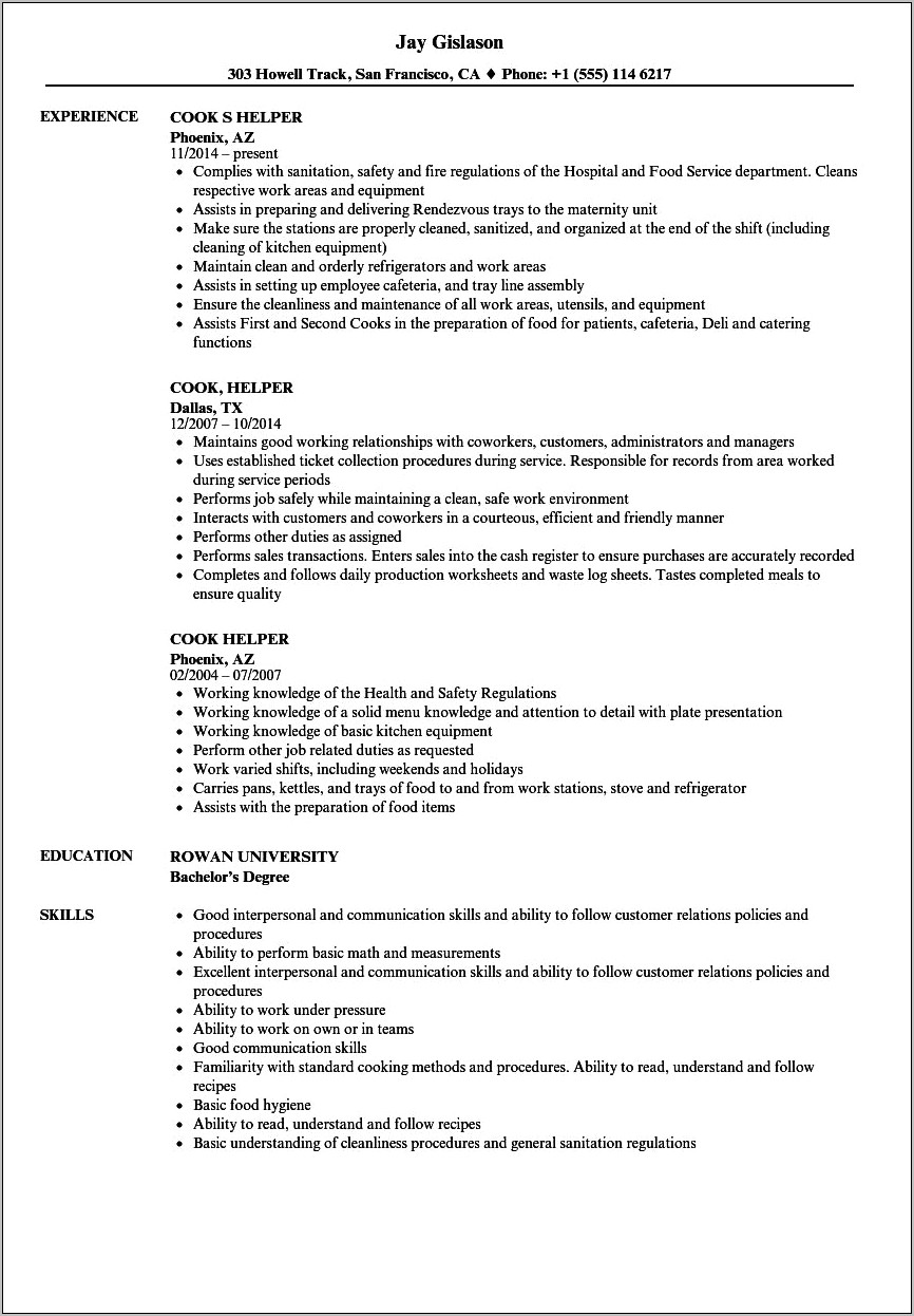 Sample Resume For Restaurant Kitchen Helper