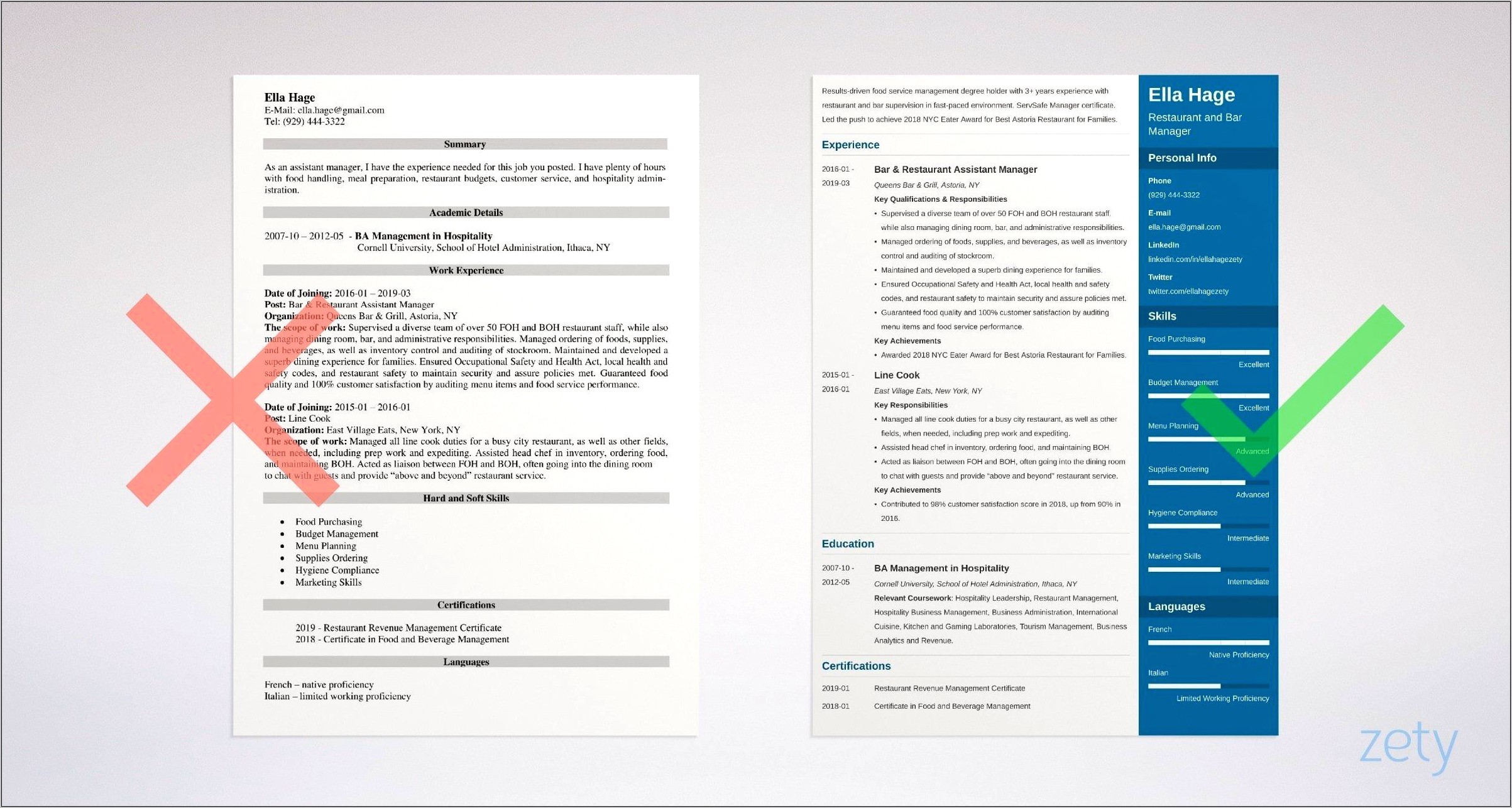 Sample Resume For Restaurant Manager Position