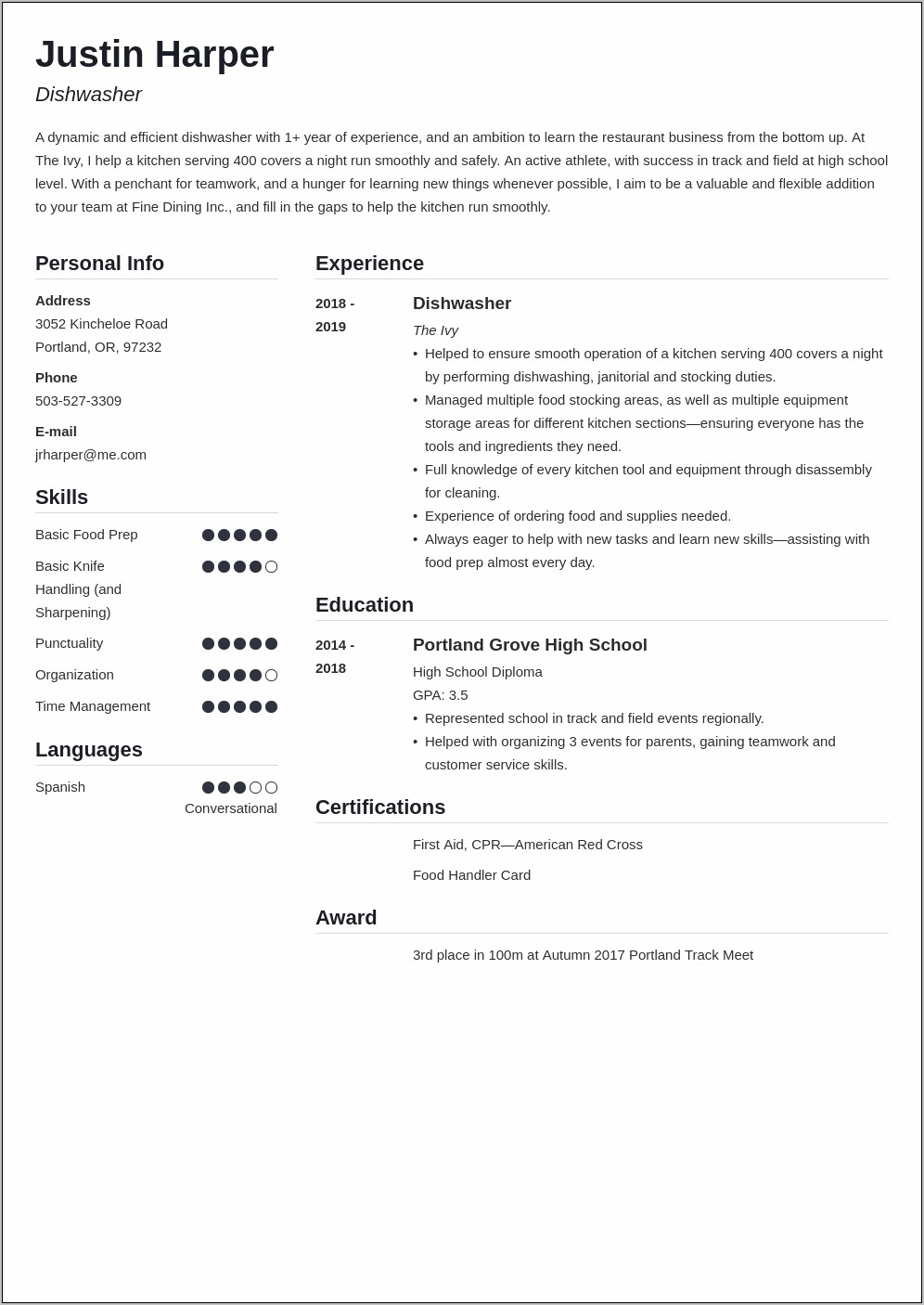Sample Resume For Restaurant Worker Dishwasher