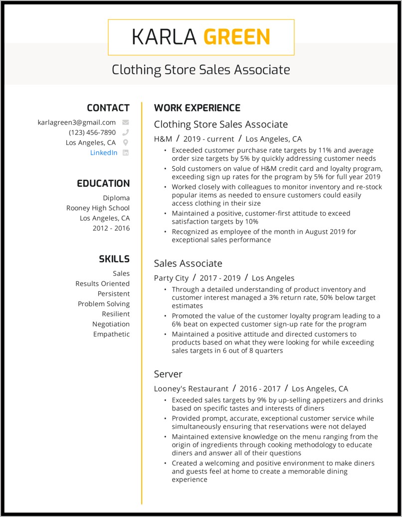 Sample Resume For Retail Clothing Sales Associate