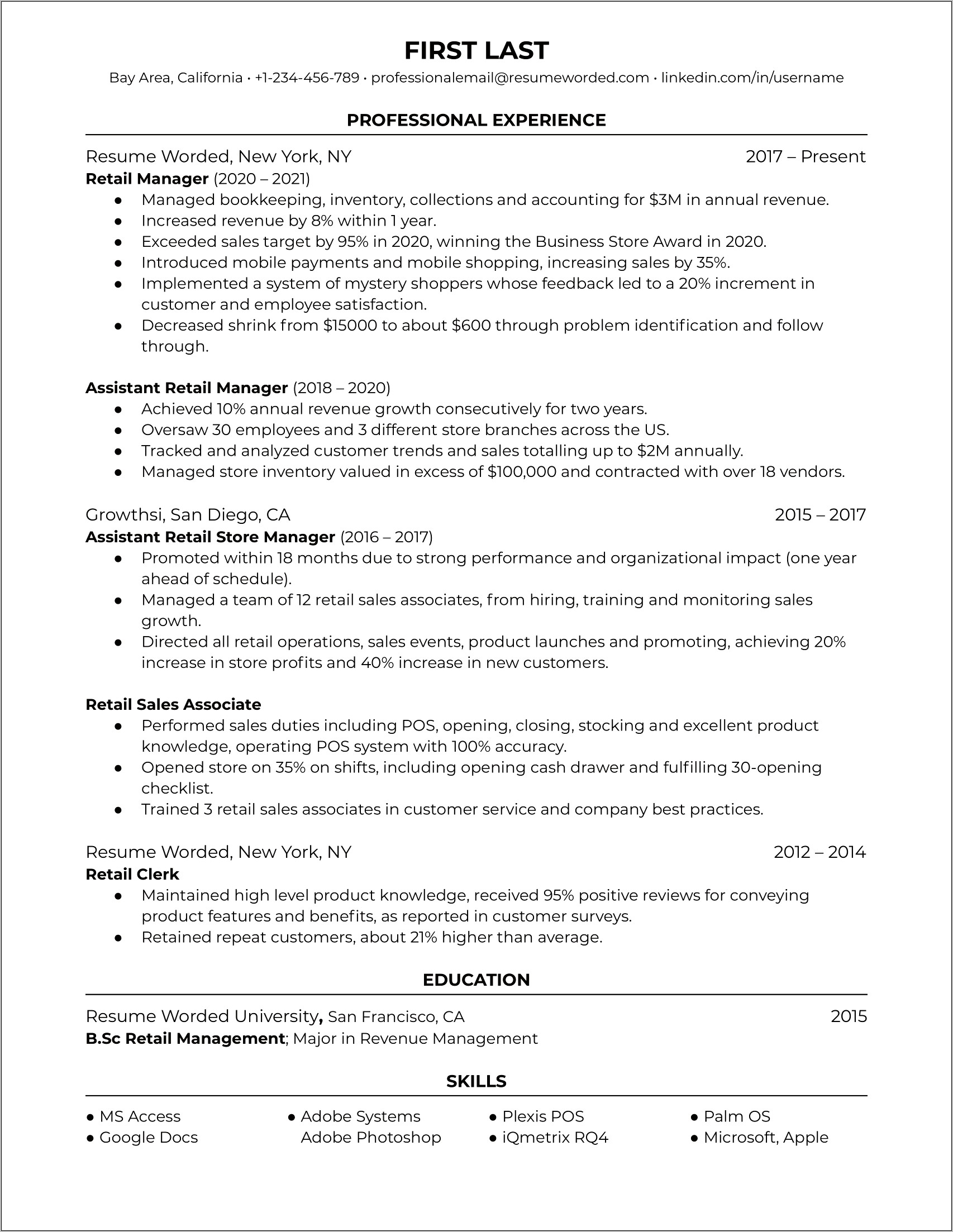 Sample Resume For Retail Management Position