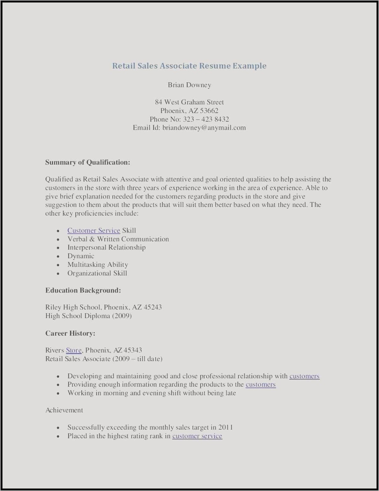 Sample Resume For Retail Sales Clerk Position
