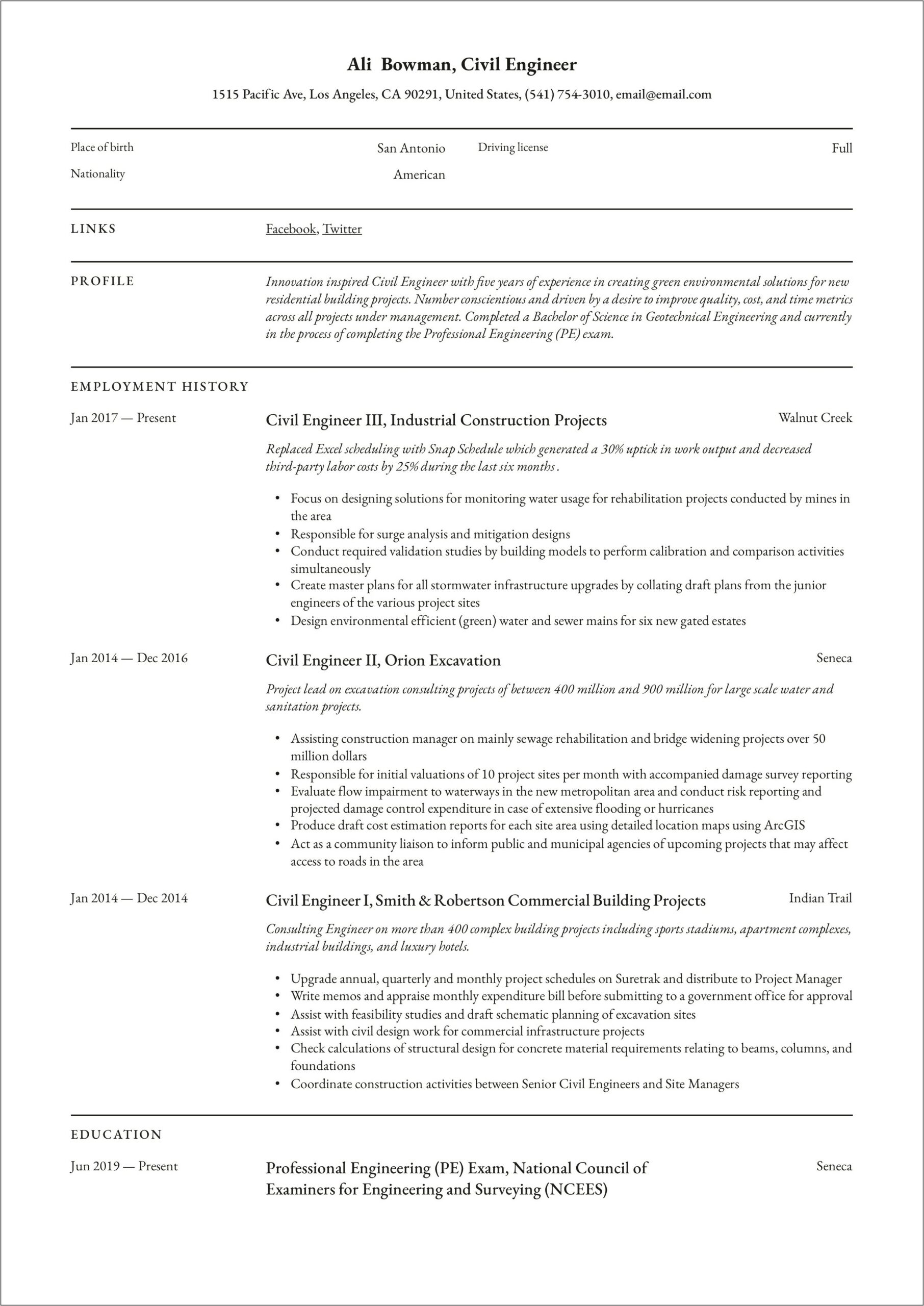 Sample Resume For Retired Civil Engineer
