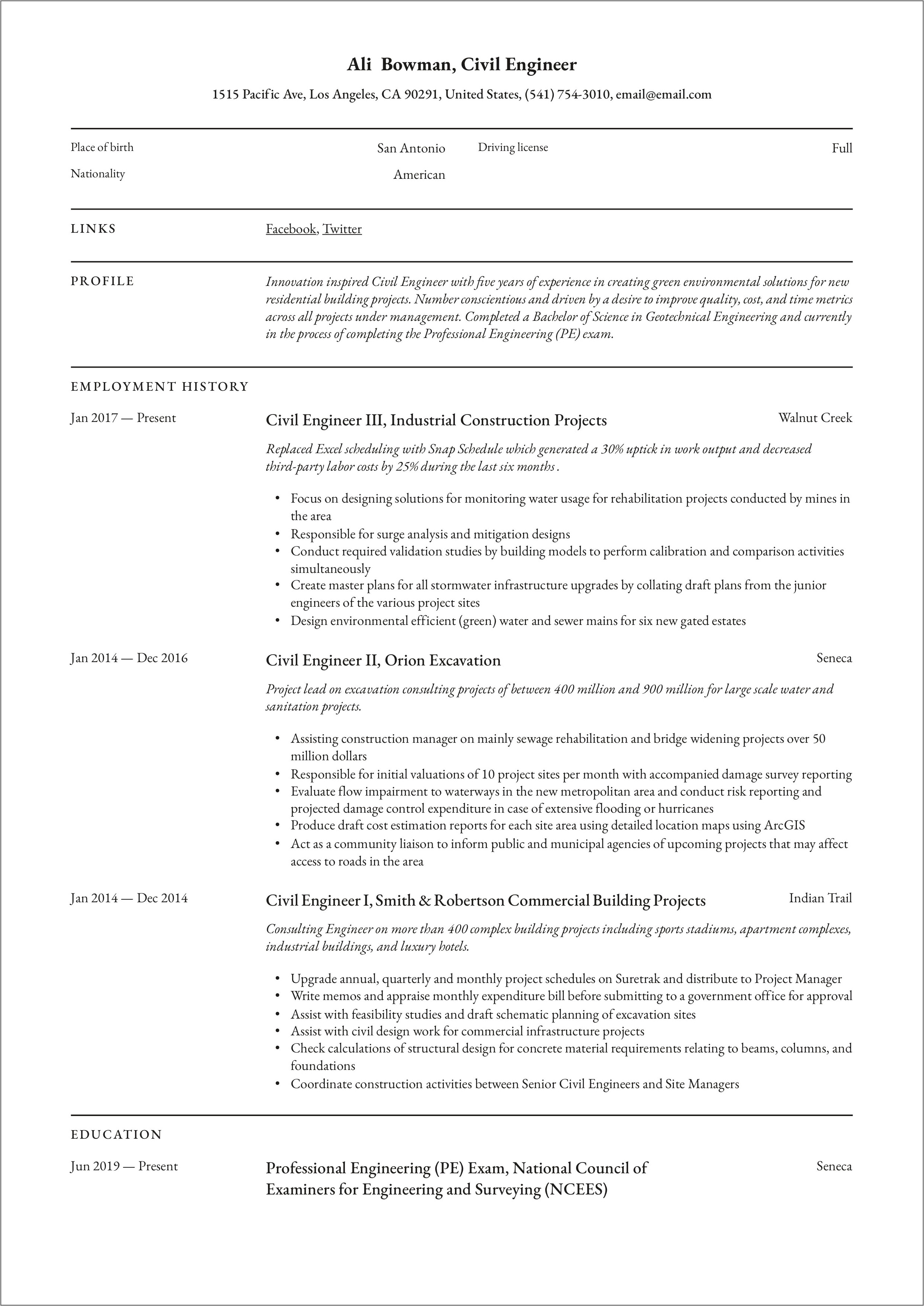 Sample Resume For Retired Civil Engineer