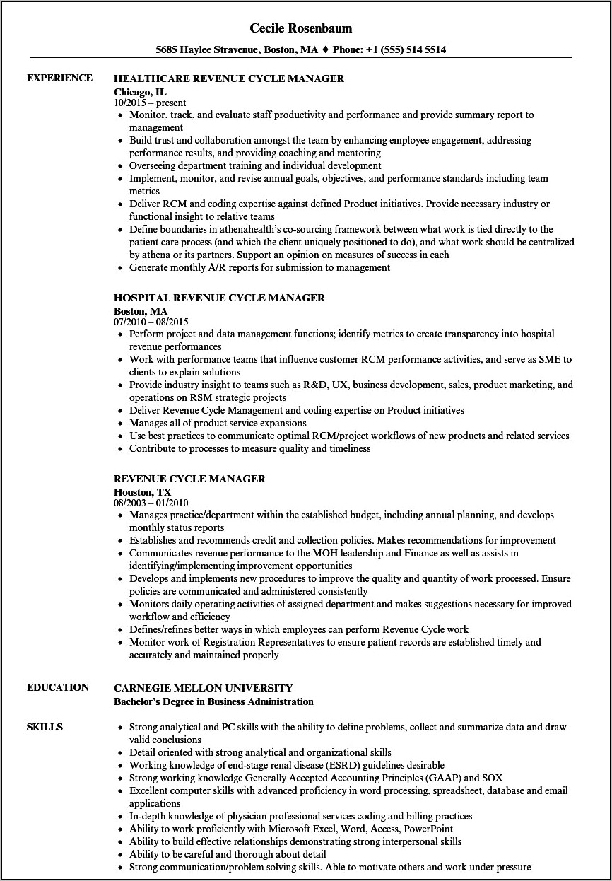 Sample Resume For Revenue Cycle Manager