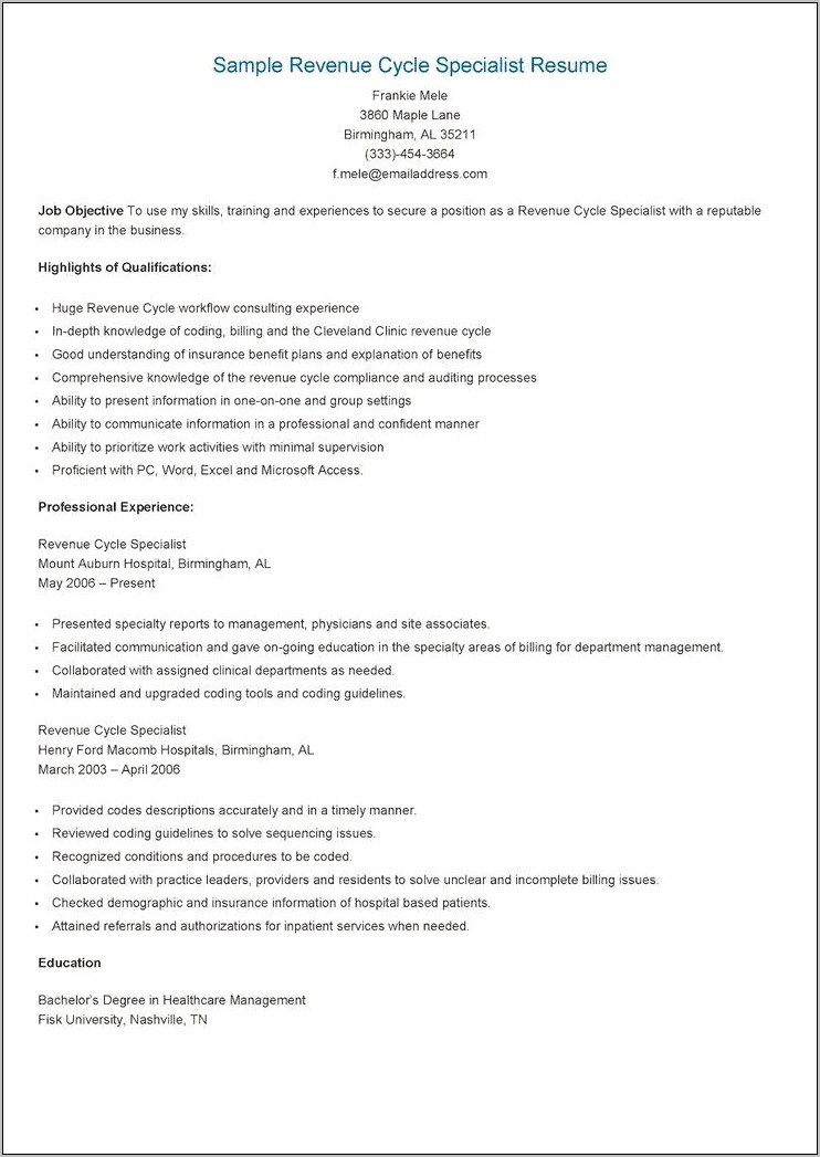 Sample Resume For Revenue Cycle Specialist