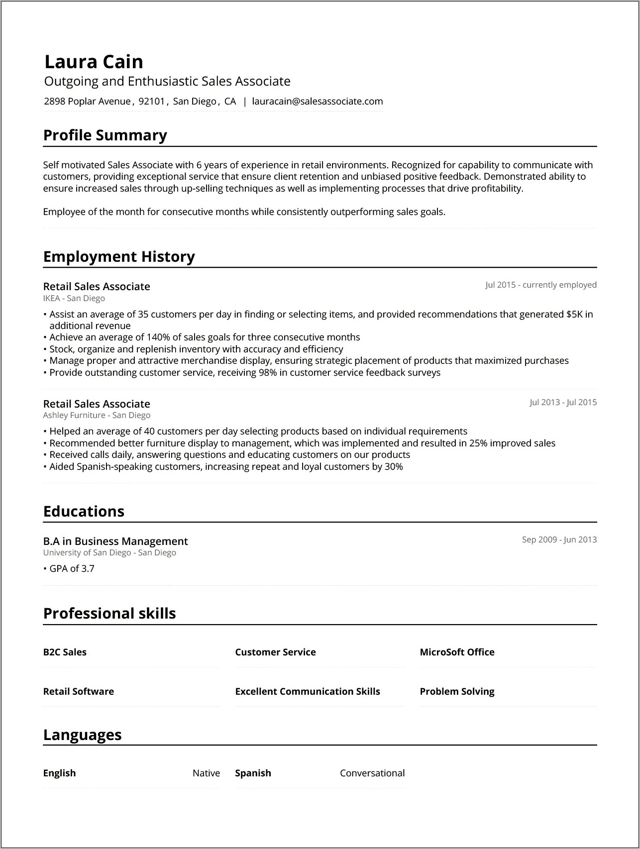 Sample Resume For Sales Associate Manager