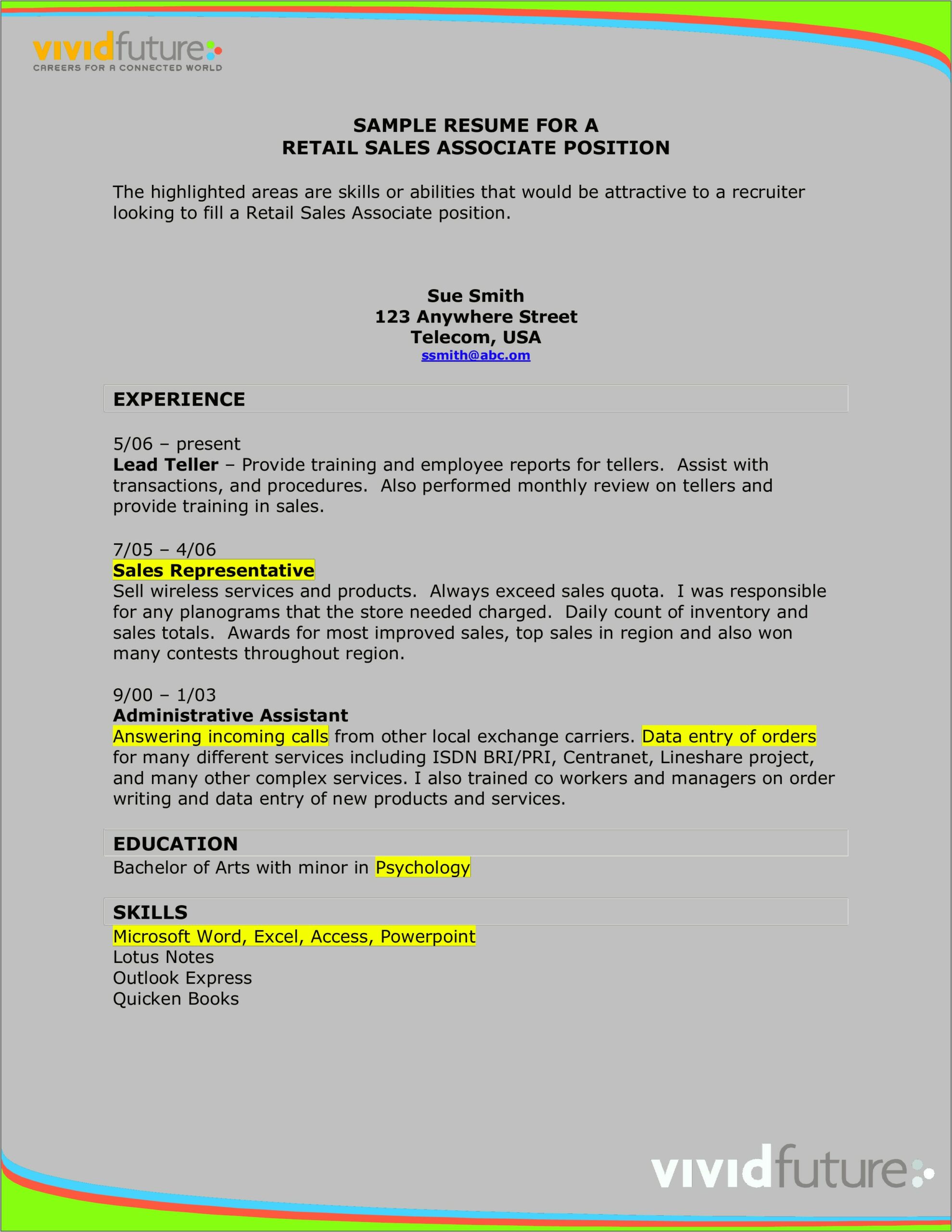 Sample Resume For Sales Associate Position