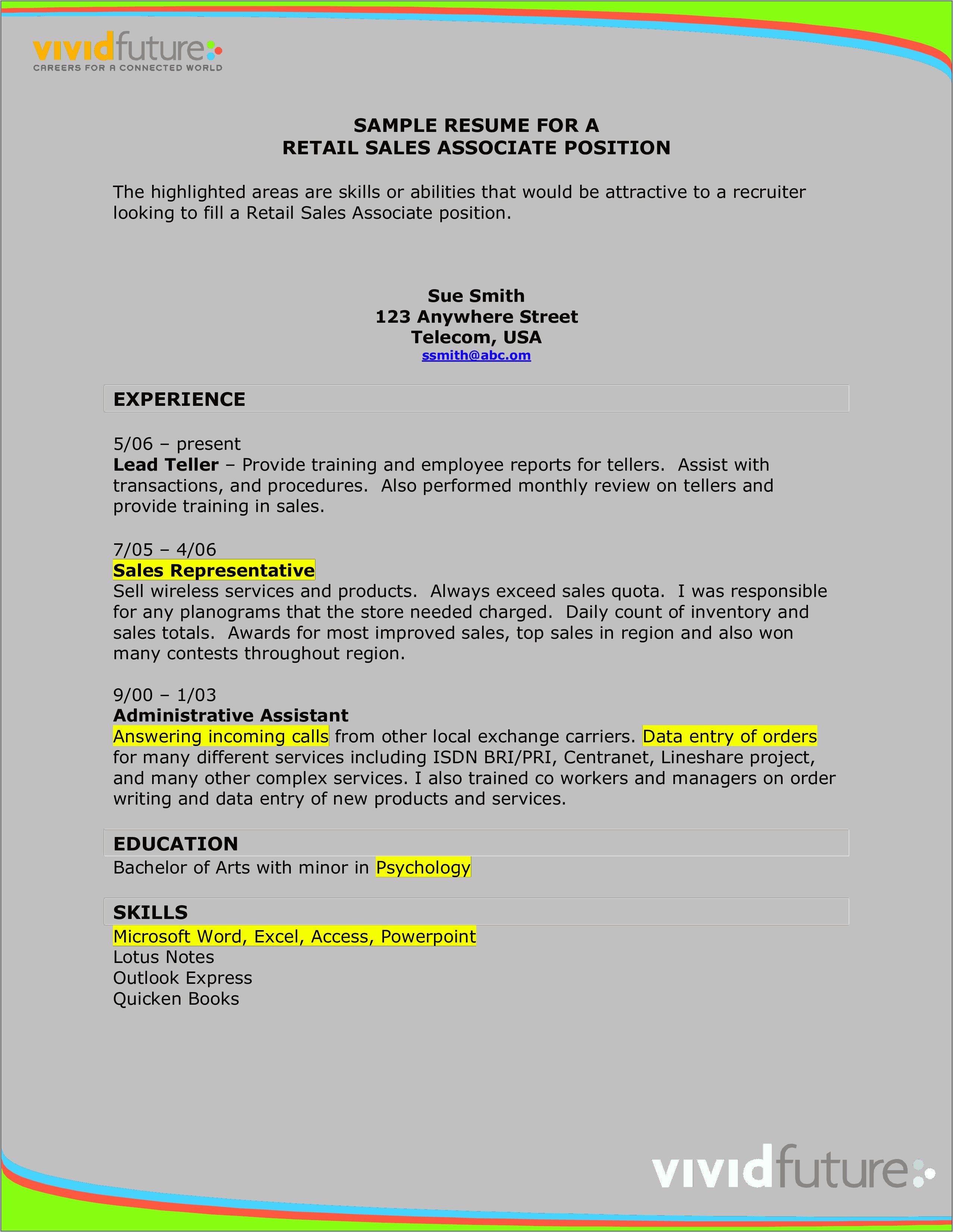 Sample Resume For Sales Associate Position