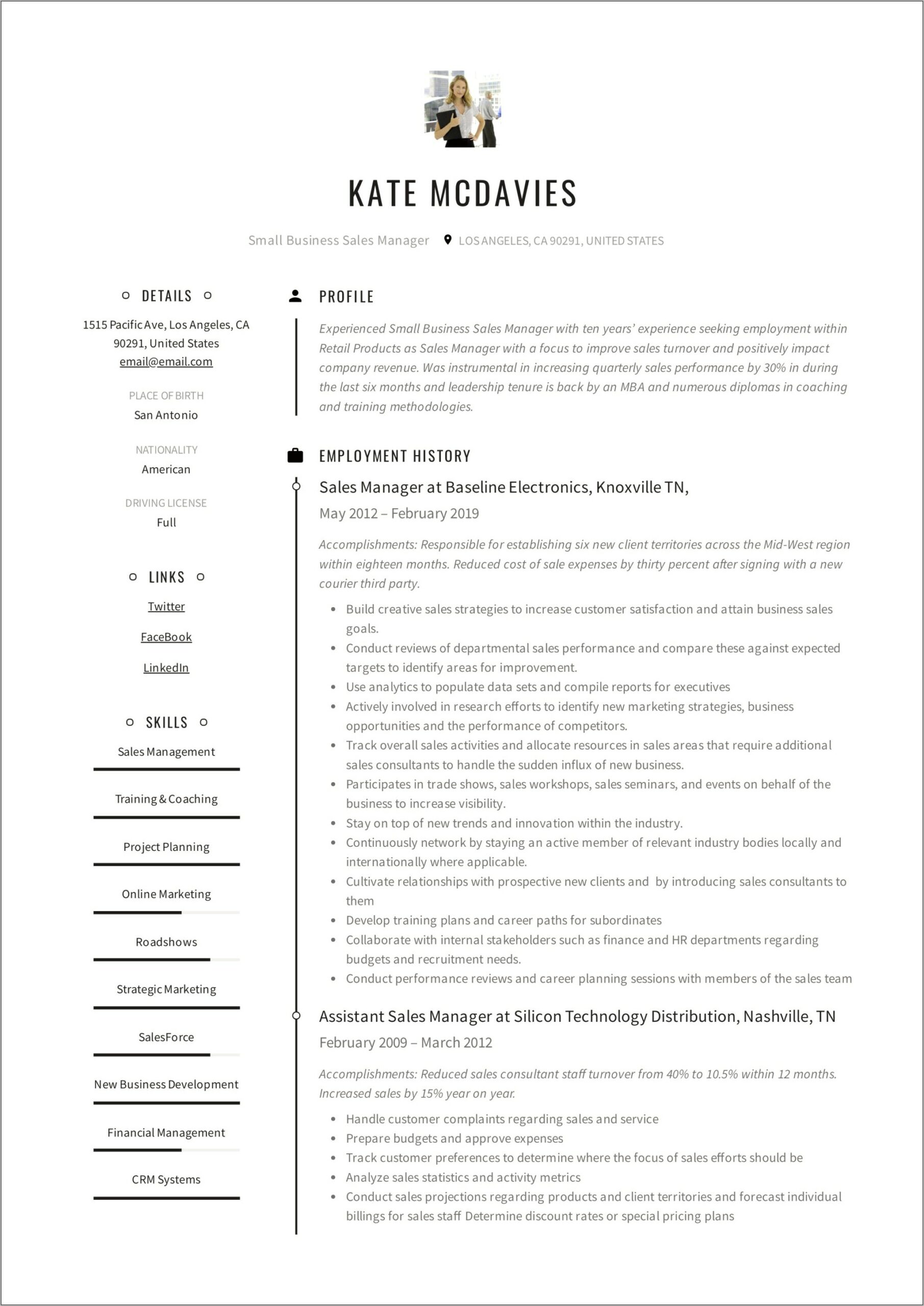 Sample Resume For Sales Manager Position