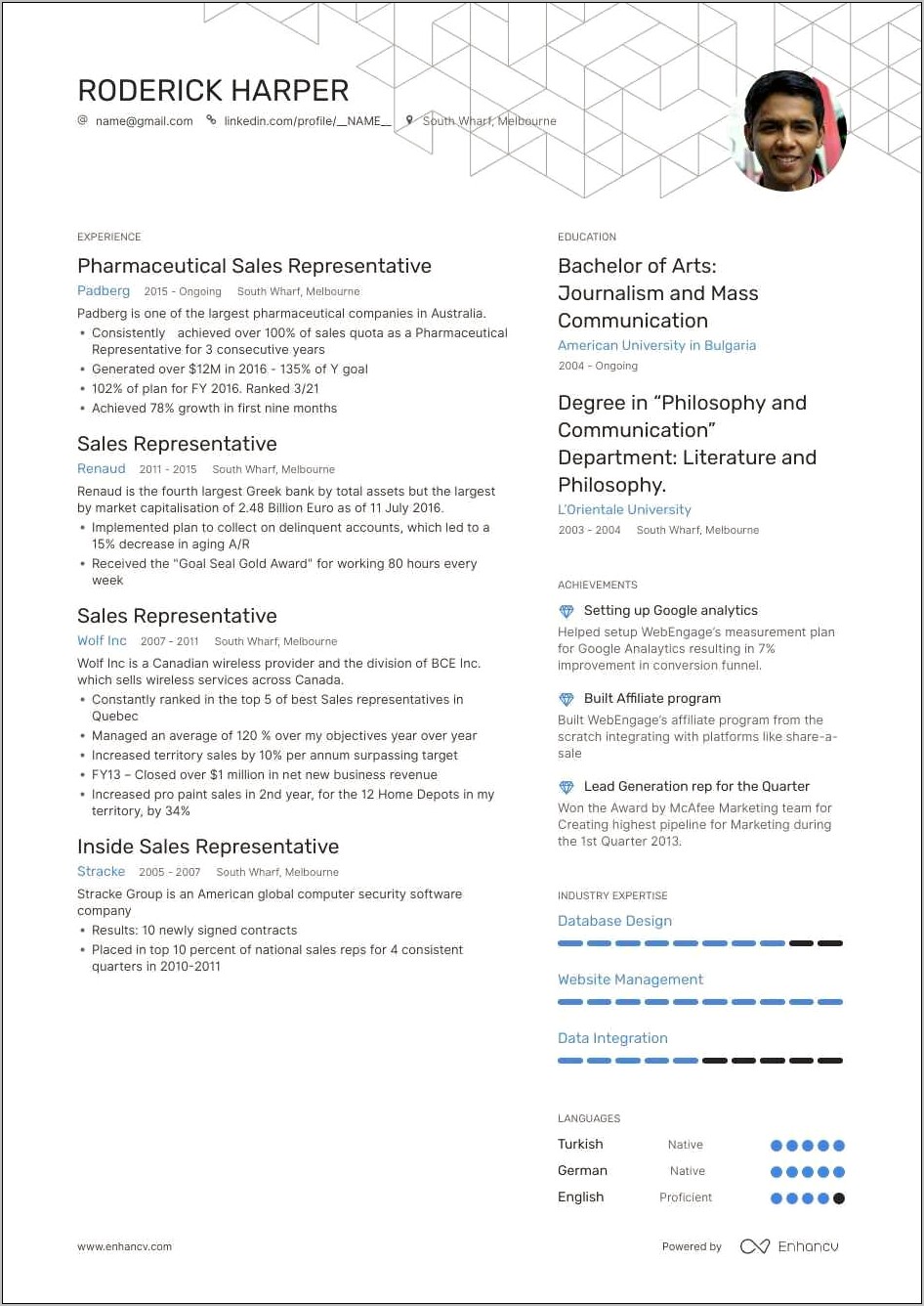 Sample Resume For Sales Representative Position