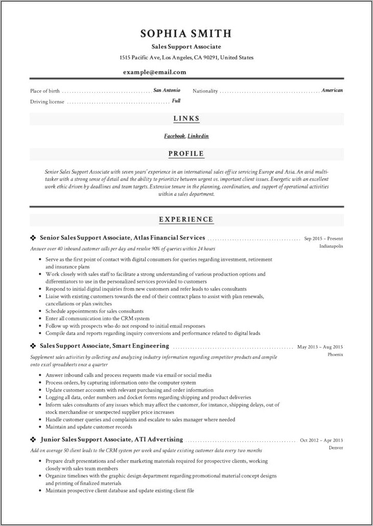 Sample Resume For Sales Support Position